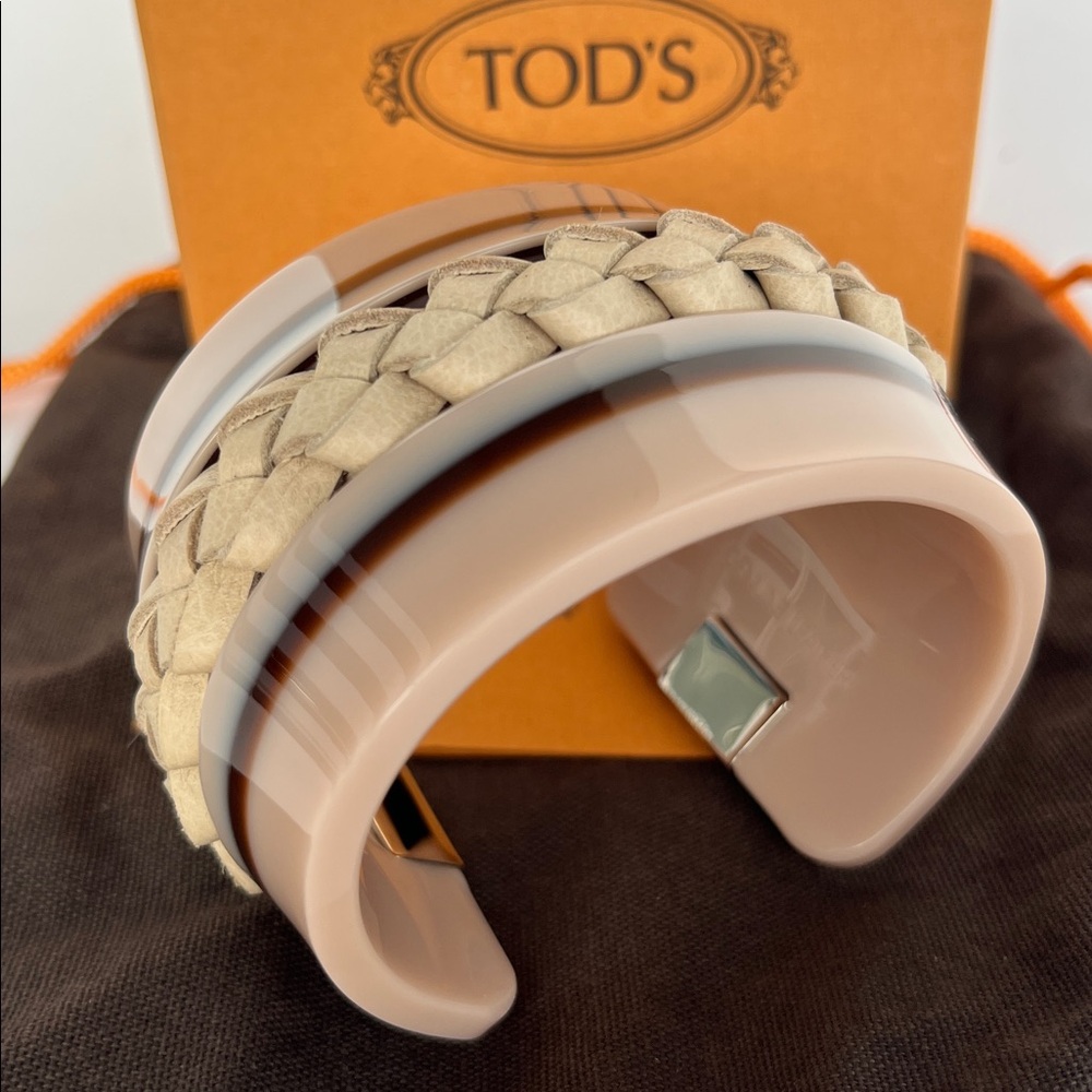 NWB TOD’S ‘Plat’ Brownish & Tan Braided Leather Inlay Resin Cuff Bracelet